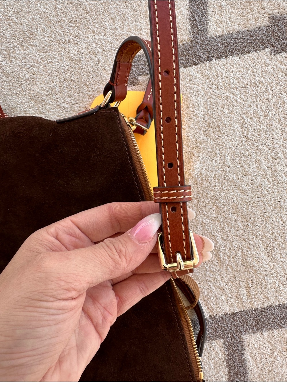 Dooney & Bourke Dark Brown Suede Crossbody Bag with Tan Trim - Picture 8 of 15